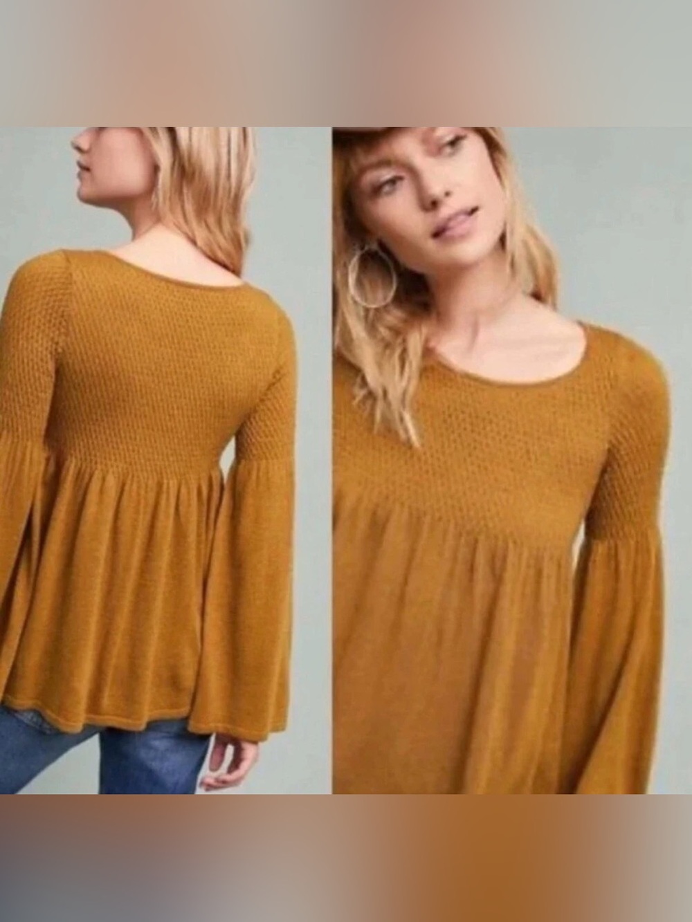 Anthropologie Knitted Knotted Long Bell Sleeve Top Mustard Yellow Women's Small